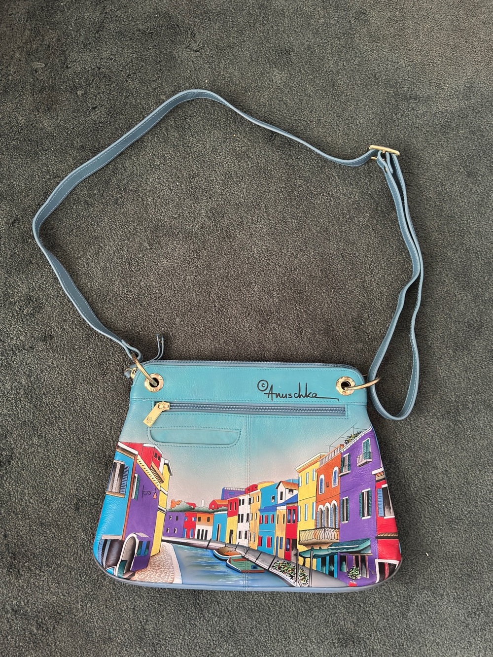 Anuschka Teal Crossbody with Colorful Venice Canal Painting